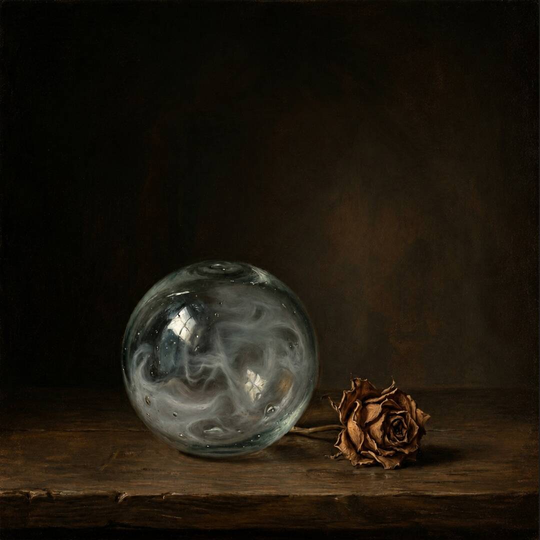 Still life oil painting: a glass sphere with swirling smoke beside a dried brown rose on dark wood